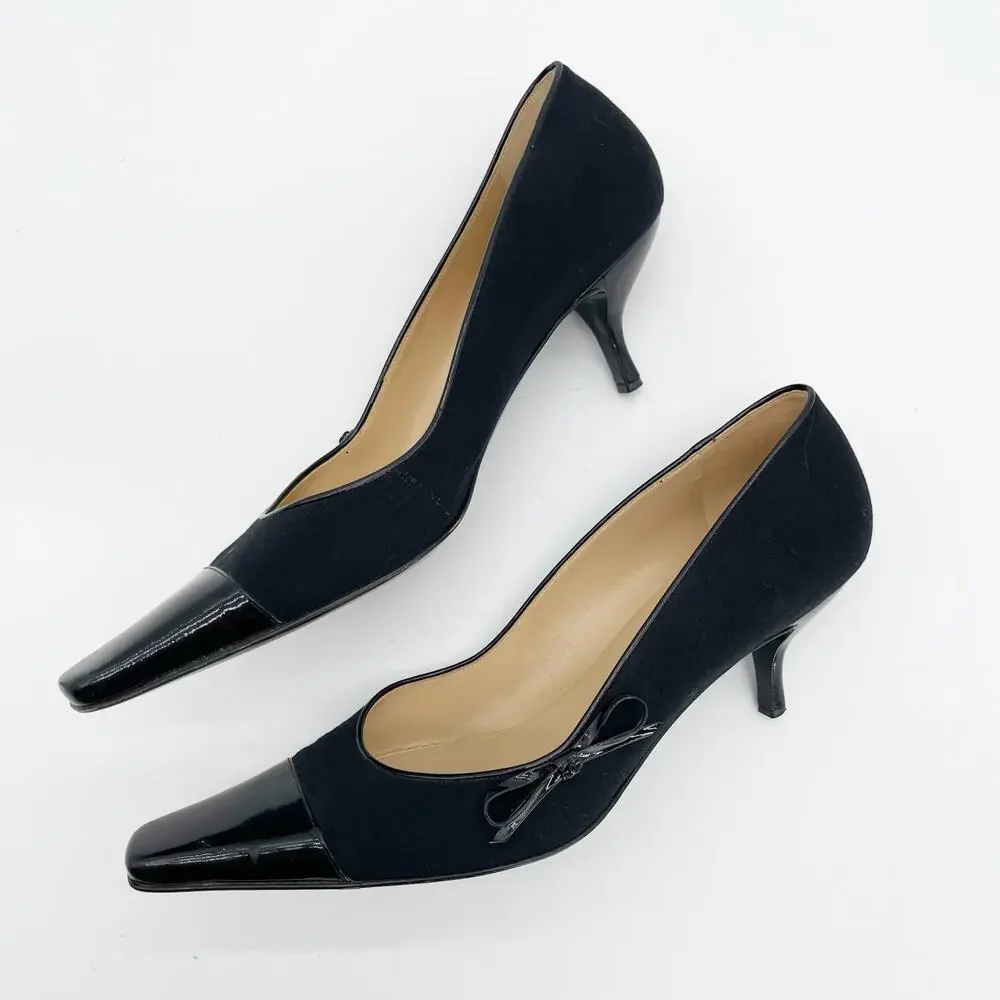 Chanel 2004 Karl Lagerfeld Black Jersey Patent Trim CC Logo Cap Toe Pumps EU 40